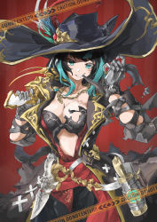 1girl animal_ears warrior_of_light_(ff14) belt black_hair bra breasts cat_ears cat_girl cat_tail caution chain_necklace chain cleavage coat commentary_request cowboy_shot english_text facial_mark fictional_persona final_fantasy final_fantasy_xiv front-tie_bra front-tie_top gauntlets green_eyes green_hair grin gun hands_up hat hat_feather highres holding holding_gun holding_weapon jewelry knife large_breasts looking_at_viewer machinist_(final_fantasy) medium_hair miqo&#039;te mouth_hold multicolored_hair necklace over_shoulder pants pendant rifle sign slit_pupils smile solo stomach tail toolbox two-tone_hair underwear warning_sign weapon weapon_over_shoulder whisker_markings xun_li_eins