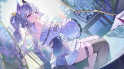 1girl absurdres amamiya_luka animal_ear_fluff animal_ears artist_name bare_shoulders bell blunt_bangs blush braid cup detached_sleeves dress frills hair_bell hair_ornament highres horns indie_virtual_youtuber long_hair looking_at_viewer myao_(myaodayone) open_mouth purple_eyes purple_hair single_thighhigh sitting skirt solo table tail teacup teapot thigh_strap thighhighs twin_braids vase very_long_hair virtual_youtuber wide_sleeves