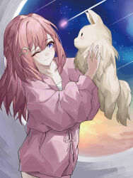 1girl ;) absurdres animal asta_(honkai:_star_rail) blue_eyes chinese_commentary collarbone commentary_request dog evzeva hair_ornament hairclip highres holding holding_animal holding_dog honkai:_star_rail honkai_(series) long_hair long_sleeves one_eye_closed peppy_(honkai:_star_rail) pink_hair pink_robe robe shooting_star smile upper_body