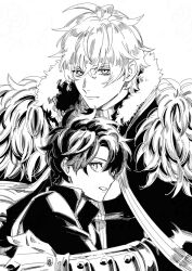 2boys armor cape commentary_request fate/grand_order fate_(series) fujimaru_ritsuka_(male) fur-trimmed_cape fur_trim gauntlets gawain_(fate) greyscale looking_at_viewer male_focus monochrome multiple_boys shirt simple_background upper_body urup_zzz white_background