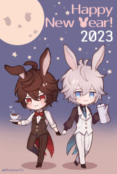 2023 2boys :3 ahoge animal_ears aqua_necktie black_gloves blue_eyes bow bowtie brown_hair chibi chinese_zodiac coattails coffee commentary_request full_moon gloves granblue_fantasy hair_between_eyes happy_new_year highres kemonomimi_mode kettle lucifer_(shingeki_no_bahamut) male_focus male_playboy_bunny messy_hair momeme55 moon multiple_boys necktie new_year panties rabbit_ears red_bow red_bowtie red_eyes sandalphon_(granblue_fantasy) short_hair side-by-side simple_background star_(sky) underwear white_gloves white_hair white_panties year_of_the_rabbit