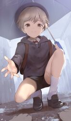 1boy absurdres black_shoes black_shorts brown_eyes cocolo_(co_co_lo) commentary_request grey_hair highres holding holding_umbrella hood hood_down long_sleeves male_focus original outdoors rain reaching reaching_towards_viewer shoes short_hair shorts socks solo squatting umbrella white_socks