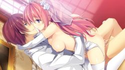 1boy 1girl arms_around_neck ass blush breasts bridal_veil cum elbow_gloves fujikura_ayato fujikura_miyabi game_cg garter_belt garter_straps girl_on_top gloves juukishi_cutie_bullet long_hair lotus_position medium_breasts navel nipples parted_lips pink_hair smile straddling sweat thighhighs upright_straddle veil white_gloves white_thighhighs yuuki_hagure