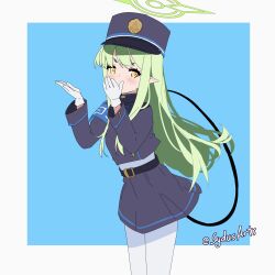 1girl animated animated_gif armband artist_name black_tail blue_archive blue_armband blue_background buttons commentary cowboy_shot demon_tail double-breasted english_commentary gloves green_hair green_halo halo hat highres hikari_(blue_archive) long_hair looping_animation pantyhose peaked_cap pointy_ears sidelocks simple_background solo standing sydus tail train_conductor twitter_username v-shaped_eyebrows white_gloves white_pantyhose yellow_eyes