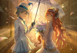 2girls absurdres arm_behind_back backlighting bare_shoulders beret blue_gloves blue_shirt boater_hat bouquet building checkered_hairband city collared_shirt dress flower from_side gloves grey_eyes grey_hair hair_bun hairband hand_up hat hat_feather highres holding holding_bouquet holding_umbrella jacket lamppost long_hair long_sleeves looking_at_viewer multiple_girls neck_ribbon official_alternate_costume orange_hair outdoors pink_flower qinghong_zaoshu rain reverse:1999 ribbon road sash shared_umbrella shirt short_hair shoulder_sash single_side_bun skirt sleeveless sleeveless_dress sonetto_(parade_anthem)_(reverse:1999) sonetto_(reverse:1999) street sun sunset transparent transparent_umbrella turning_head umbrella upper_body vertin_(ipstar)_(reverse:1999) vertin_(reverse:1999) wavy_hair white_dress white_flower white_gloves white_hat white_jacket white_skirt yellow_ribbon yellow_sash
