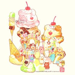 2025 ^_^ artist_name candy closed_eyes commentary_request copyright_notice crane_game eating food food_focus gummy_bear happy ice_cream ice_cream_cone korean_commentary no_humans open_mouth original simple_background slide smile talbi watermark white_background