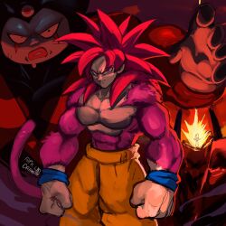 2boys body_fur clenched_hands cowboy_shot dragon_ball dragon_ball_daima gomah_(dragon_ball) highres long_hair monkey_tail multiple_boys muscular muscular_male no_eyebrows orange_pants pants pk_draws_40 powering_up red_eyes red_fur red_hair red_tail son_goku spiked_hair super_saiyan super_saiyan_3 super_saiyan_4 tail third_eye topless_male vegeta
