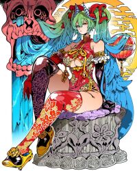 1girl bare_shoulders black_gloves blue_hair breasts brown_eyes closed_mouth collared_dress commentary commission dress elbow_gloves full_body gloves gradient_hair green_hair hair_between_eyes hair_ornament high_heels horns kafun lips long_hair looking_at_viewer multicolored_hair original red_dress red_gloves red_thighhighs shoes simple_background sitting solo thighhighs underboob very_long_hair white_background