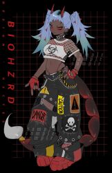 1girl absurdres adoptable baggy_pants bikini biohazard_symbol black_coat black_nails black_pants blue_hair boots breasts chain coat collar commentary contrapposto crop_top dark-skinned_female dark_skin ear_piercing earrings english_commentary fingerless_gloves fingernails fishnet_top fishnets full_body gloves gradient_hair green_hair hand_on_own_hip highleg highleg_bikini highres horns jewelry long_fingernails medium_breasts multicolored_hair navel nxctes original pants piercing red_boots red_eyes red_horns sample_watermark scorpion_tail sign skull_and_crossbones smile solo spiked_collar spikes swimsuit swimsuit_under_clothes tail twintails very_dark_skin warning_sign watermark white_bikini
