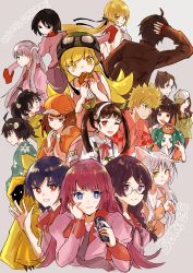 4boys 6+girls ahoge animal_ears araragi_karen araragi_koyomi araragi_tsukihi backpack bag black_eyes black_hair black_hanekawa blonde_hair blouse blue_eyes blue_hair braid breasts brown_eyes brown_hair cat_ears cleavage copyright_name cross donut earrings eating egg_hair_ornament fang food food-themed_hair_ornament gaen_izuko glasses goggles goggles_on_head goggles_on_headwear green_eyes green_hair grey_background hachikuji_mayoi hair_ornament hair_ribbon hairpin hand_on_head hand_on_own_face hanekawa_tsubasa hat headphones highres japanese_clothes jewelry kagenui_yozuru kaiki_deishuu kanbaru_suruga kimono kiss-shot_acerola-orion_heart-under-blade long_hair looking_at_viewer monogatari_(series) multiple_boys multiple_girls nanahyakuichi_middle_school_uniform naoetsu_high_school_uniform necklace oikura_sodachi one_eye_closed ononoki_yotsugi open_mouth oshino_meme oshino_ougi oshino_shinobu pink_shirt pointy_ears ponytail purple_hair rainy_devil randoseru red_eyes ribbon school_uniform sengoku_nadeko senjougahara_hitagi shirt short_hair siblings simple_background sisters small_breasts smile stapler star_(symbol) teeth thick_eyebrows twintails v valhalla0707 vampire white_hair yellow_eyes yukata