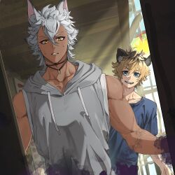 2boys animal_ears blonde_hair blue_eyes blue_shirt commentary_request dark-skinned_male dark_skin doorway dutch_angle grey_hair grey_hoodie highres hood hoodie hyena_ears jack_howl jewelry jip male_focus multiple_boys muscular muscular_male necklace open_mouth opening_door pov_doorway ruggie_bucchi shirt short_hair sleeveless sleeveless_hoodie surprised teeth twisted_wonderland upper_body wolf_ears yellow_eyes