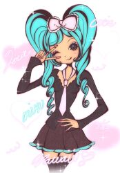 adapted_costume blush bow dark-skinned_female dark_skin eyelashes gyaru hair_bow hatsune_miku highres lilitafaery necktie one_eye_closed pink_necktie shirt skirt smile sparkle twintails v very_long_fingernails vocaloid