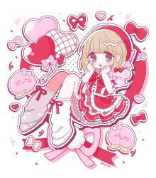 Rule 34 | 1girl, :3, balloon, blush, bow, bowtie, brooch, brown eyes, brown hair, commentary request, dot nose, food, frilled skirt, frills, fruit, full body, hands on own cheeks, hands on own face, hat, heart balloon, invisible chair, jewelry, koa sumomo, koala, leg warmers, mofu/mofu, open mouth, peach, pink bow, pink ribbon, pochirou (ponpoc), puffy short sleeves, puffy sleeves, real life, red bow, red bowtie, red hat, red ribbon, red shirt, ribbon, shirt, shoes, short hair, short sleeves, sitting, skirt, smile, sparkle, tareme, white leg warmers, white shoes