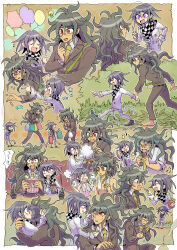 &gt;_&lt; 2boys arm_up bag barefoot black_shoes brown_jacket brown_pants bug_cage bush candy checkered_clothes checkered_scarf closed_eyes danganronpa_(series) danganronpa_v3:_killing_harmony fang flying_sweatdrops food french_fries glasses gokuhara_gonta highres holding holding_bag holding_hands hug index_finger_raised instrument jacket kumakoro_(tetsupag) light_bulb_above_head long_sleeves male_focus messy_hair microphone multiple_boys multiple_views music necktie oma_kokichi open_mouth pants purple_eyes red_eyes sad scarf shoes singing tambourine tears topless_male towel towel_around_neck wiping_tears wrapped_candy yellow_necktie