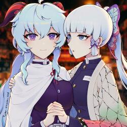 Rule 34 | 2girls, absurdres, ayaka (genshin impact), blue hair, breasts, butterfly hair ornament, cape, censored, cosplay, crossover, demon slayer uniform, ganyu (genshin impact), genshin impact, hair ornament, haori, hayami saori, highres, horns, japanese clothes, kaichu land, kimetsu no yaiba, kochou shinobu, kochou shinobu (cosplay), long hair, medium breasts, multiple girls, open mouth, purple eyes, sex, smile, tsuyuri kanao, tsuyuri kanao (cosplay), ueda reina, voice actor connection, yuri