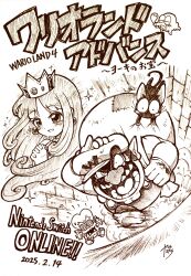 1boy 1girl big_nose black_cat_(wario_land) cat cleft_chin crown facial_hair gloves hat highres holding holding_sack jewelry long_hair monochrome mustache nintendo overalls pointy_ears princess_shokora running sack shirt wario wario_land wario_land_4 yamato_koara
