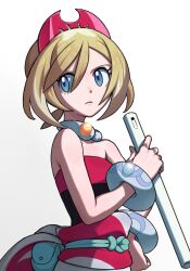1girl bare_shoulders bite_addict blue_eyes flute highres instrument irida_(pokemon) light_brown_hair nintendo pokemon pokemon_legends:_arceus short_hair sleeveless