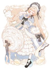 1girl black_bow black_shoes blonde_hair blue_dress blunt_bangs bonnet bow crown dress eyelashes frilled_dress frills full_body gloves highres holding holding_umbrella lips long_hair original parted_lips puffy_sleeves red_lips shoes solo umbrella very_long_hair white_background white_gloves yukikoutya