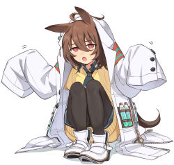 1girl agnes_tachyon_(umamusume) ahoge animal_ears black_pantyhose brown_hair coat coat_on_head commentary_request ear_ornament hair_between_eyes horse_ears horse_girl horse_tail lab_coat long_sleeves looking_at_viewer nichaku open_mouth pantyhose red_eyes shoes simple_background sitting sleeves_past_fingers sleeves_past_wrists solo sweater tail umamusume white_background white_coat yellow_sweater