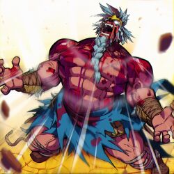 1boy aisendraw beard blood blood_on_chest blood_on_face blood_on_hands blood_on_shoulder braid braided_beard circlet elden_ring facial_hair gold_circlet highres hoarah_loux long_beard medium_hair muscular muscular_male no_pupils pectorals roaring scar vambraces white_eyes white_hair