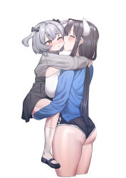 1boy 1girl absurdres arms_around_neck ass black_bow black_footwear black_hair black_shorts black_skirt blue_jacket blush bow breast_press breasts closed_mouth cropped_legs crossdressing eyewear_on_head grey_hair hair_bow hetero highres horns howcow_(vtuber) huge_breasts indie_virtual_youtuber jacket kiss kissing_cheek lifting_person long_hair mary_janes one_eye_closed otonashi_(otonashi5959) shoes shorts simple_background size_difference skirt socks tongkkangi tongkkangi_(streamer) trap virtual_youtuber white_background white_horns white_socks yellow_eyes