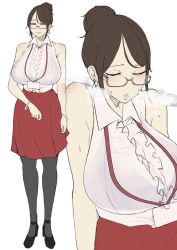 Rule 34 | 1girl, bare shoulders, black bra, black footwear, blush, bra, bracelet, breasts, breath, brown-framed eyewear, brown hair, closed mouth, earrings, closed eyes, frills, glasses, hair bun, half-closed eyes, high heels, id card, jewelry, lanyard, large breasts, mature female, medium hair, namhorm (puzenketsu), original, pantyhose, parted lips, pink lips, puzenketsu, red skirt, redesign, seductive smile, see-through clothes, simple background, single hair bun, skirt, smile, solo, standing, sweat, underwear, wet, wet clothes, white background