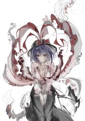 1girl black_hat black_skirt blush bow breasts cleavage closed_mouth collared_shirt frilled_shawl frills hat hat_bow highres leaning_forward long_hair long_sleeves looking_at_viewer nagae_iku pink_shirt purple_hair red_eyes sesmkun shawl shirt skirt smile solo touhou
