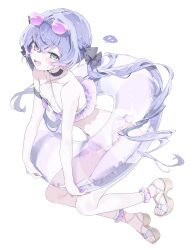 1girl bare_arms bikini glasses_on_head innertube meunhongcha navel original purple_hair sandals solo swim_ring swimsuit white_background