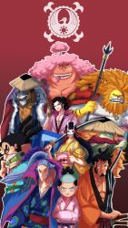 6+boys animal_ears aqua_hair artist_name ashura_doji black_hair blue_hair budayarif closed_mouth crossed_arms denjirou_(one_piece) facial_hair furry goatee gun hat high_ponytail highres holding holding_gun holding_weapon inuarashi_(one_piece) izou_(one_piece) japanese_clothes kawamatsu kikunojo_(one_piece) kinemon kouzuki_momonosuke lipstick long_hair looking_at_viewer makeup mask multiple_boys nekomamushi one_piece open_mouth orange_hair pink_hair ponytail raizo_(one_piece) sideburns smile tongue tongue_out topknot weapon