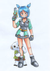 1girl 1other absurdres bear blue_eyes blue_hair breasts cleavage full_body fur gloves grey_gloves gun handgun highres holding holding_weapon jet_force_gemini looking_at_viewer medium_breasts sakutatsu shirt shoes short_hair simple_background skirt smile solo_focus standing tribal_(jet_force_gemini) twintails vela_(jet_force_gemini) weapon white_background