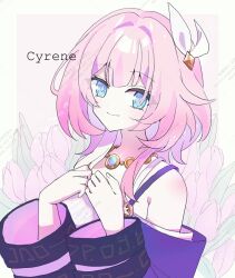 1girl blue_eyes breasts character_name coat commentary_request cyrene_(honkai:_star_rail) dress floral_background flower hair_ornament highres honkai:_star_rail honkai_(series) jewelry kanaria_(mint_tea1256) looking_at_viewer medium_hair multicolored_hair necklace pink_flower pink_hair pink_tulip purple_coat small_breasts smile solo tulip two-tone_hair upper_body white_dress white_hair