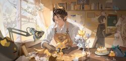 1girl 2boys absurdres annotated apron arknights black_hair black_horns book brown_apron brown_hair cake cake_slice cherry chongyue_(arknights) closed_eyes closed_mouth collared_shirt colored_extremities crafting cream day desk_lamp dragon_bubble_(arknights) dusk_(arknights) earrings flower food fruit grey_hair hair_intakes highres horns indoors jewelry knife lamp ling_(arknights) magnolia multicolored_hair multiple_boys nian_(arknights) paper plant plate pointy_ears potted_plant pudding shelf shirt sleeves_rolled_up somnolence_(hranxy) streaked_hair sunlight vase white_flower white_shirt window wood_carving_tool working workshop yellow_flower yellow_horns zuo_le_(arknights)