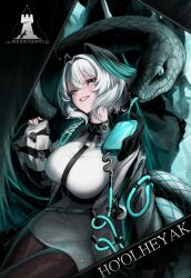 1girl absurdres aqua_eyes arknights between_breasts black_pantyhose breasts character_name clenched_teeth coat cowboy_shot dress feathered_wings forked_tongue grey_hair hair_between_eyes head_wings highres ho&#039;olheyak_(arknights) infection_monitor_(arknights) large_breasts long_sleeves looking_at_viewer medium_hair open_clothes open_coat pantyhose pencil_dress rhodes_island_logo_(arknights) smile snake solo sonofr6s strap_between_breasts teeth tongue white_dress wings