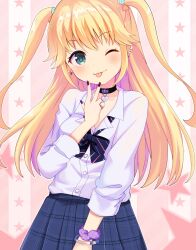 1girl blonde_hair blue_eyes blush bow bracelet choker commentary_request cross dodotsuki earrings fujisawa_yuzu hair_ornament highres jewelry jougasaki_rika long_hair long_sleeves looking_at_viewer necklace one_eye_closed ongeki plaid_clothes plaid_skirt pleated_skirt scrunchie shirt skirt smile solo star_(symbol) star_earrings star_hair_ornament star_necklace striped_background tongue tongue_out two_side_up white_shirt wrist_scrunchie
