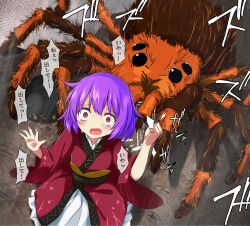 Rule 34 | 1girl, against glass, blush, bowl, bug, check translation, commentary request, crying, crying with eyes open, hand on glass, highres, japanese clothes, kimono, long sleeves, mini person, minigirl, obi, open mouth, purple hair, red eyes, red kimono, ryona, sash, scared, solo, spider, sukuna shinmyoumaru, sweat, tarantula, tears, touhou, translation request, trembling, tsuukinkaisoku oomiya, wide sleeves
