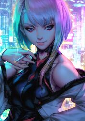 Rule 34 | 1girl, asymmetrical bangs, black leotard, breasts, cigarette, city lights, cityscape, cropped jacket, cyberpunk (series), cyberpunk edgerunners, grey eyes, highres, holding, holding cigarette, jacket, leotard, looking to the side, lucy (cyberpunk), medium breasts, multicolored hair, night, off shoulder, open clothes, open jacket, outdoors, short hair, short hair with long locks, signature, smoking, solo, stanley lau, upper body, white jacket