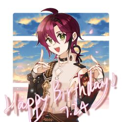1boy :d again_nuo ahoge black_sleeves blue_sky border dated detached_sleeves fox_shadow_puppet genshin_impact green_eyes hair_between_eyes happy highres long_hair looking_at_viewer male_focus mole mole_under_each_eye mole_under_eye multiple_moles open_mouth outside_border red_hair shikanoin_heizou shirt sky sleeveless sleeveless_shirt smile solo upper_body white_border white_shirt
