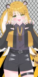 Rule 34 | 1girl, absurdres, animal ear fluff, animal ears, blonde hair, colored inner hair, green eyes, highres, jacket, ju fufu, long hair, looking at viewer, multicolored hair, open mouth, shirt, shorts, simple background, smile, solo, tail, tiger ears, tiger girl, tiger tail, uouou m, white background, zenless zone zero