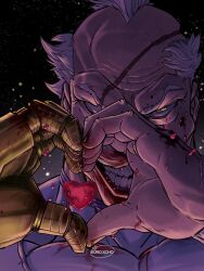 1boy artist_name balding blind_eye blood blood_drop blood_on_clothes blood_on_face blood_on_hands bodysuit commentary conquest_(invincible) dark_background english_commentary evil_grin evil_smile grin heart heart_hands heart_in_heart_hands highres invincible_(series) kuroxcho looking_at_viewer male_focus old old_man portrait prosthesis prosthetic_arm scar scar_across_eye scar_on_face scar_on_head short_hair smile solo teeth very_short_hair white_bodysuit white_hair yellow_eyes