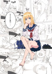 1girl absurdres bag bare_legs barefoot black_shoes black_socks blonde_hair blue_bag blue_skirt blush breasts closed_mouth collarbone decensored doggystyle dot_nose doujinshi feet fellatio female_focus green_eyes hand_on_own_cheek hand_on_own_chin hand_on_own_face hands_on_another&#039;s_head highres irrumatio japanese_text kyou_no_asuka_show kyouno_asuka large_breasts legs long_hair long_sleeves lying manga_(object) miniskirt monochrome nipples nude on_back on_bed on_ground on_stomach onsen_nakaya open_mouth oral panties pantyshot penis pillow pleated_skirt school_bag school_uniform serafuku sex sex_from_behind shoes sitting skirt small_breasts socks solo solo_focus sweat tearing_up tears teeth thighs third-party_edit toes tongue tongue_out uncensored underwear upper_teeth_only white_panties white_serafuku