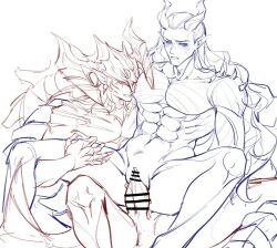 1cuntboy 2boys abs afk_(series) afk_journey bar_censor bara blush censored claws clenched_teeth cuntboy cuntboy_penetrated cuntboy_with_male demon demon_boy demon_horns diphallia double_penetration drooling ear_piercing extra_penises eyeshadow fangs fangs_out fingernails hand_on_another&#039;s_leg hand_on_another&#039;s_thigh harak_(afk) highres horns legs_apart lineart long_hair looking_down makeup male_focus male_futanari multiple_boys multiple_ponytails muscular muscular_male navel parted_lips pectorals penis phraesto_(afk) piercing pointy_ears ponytail pussy reverse_newhalf_with_male sex sharp_fingernails sharp_teeth sitting sitting_on_lap sitting_on_person spread_legs teeth vaginal yaoi