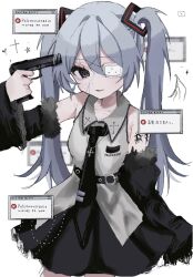 Rule 34 | 1girl, @ @, alternate costume, arm tattoo, arm warmers, bandage over one eye, belt, beretta 92, black necktie, bleeding, blood, blood from forehead, blue blood, blue hair, blurry, blurry background, collared dress, cross, double-parted bangs, dress, english text, frilled dress, frills, fur trim, gun, gun to head, hair between eyes, hair ornament, handgun, hatsune miku, highres, layered dress, layered skirt, necktie, one eye covered, skirt, sleeveless, sleeveless dress, solo, tattoo, twintails, upper body, uxvqx, vocaloid, weapon, white background, window (computing), x hair ornament