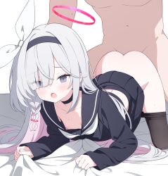 1boy 1girl absurdres bed_sheet black_choker black_eyes black_hairband black_pantyhose black_sailor_collar black_serafuku black_shirt black_skirt blue_archive blue_pupils braid breasts chinese_commentary choker clothed_female_nude_male clothed_sex clothes_pull colored_inner_hair commentary_request doggystyle grey_hair hairband halo hetero highres jyt long_hair mismatched_pupils multicolored_hair neckerchief nipples nude open_mouth pantyhose pantyhose_pull pink_hair pink_halo plana_(blue_archive) red_pupils sailor_collar school_uniform serafuku sex_from_behind sheet_grab shirt side_braid single_braid skirt small_breasts very_long_hair white_neckerchief
