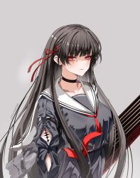 1girl absurdres artist_name black_choker black_hair black_shirt black_skirt chisa_(wuthering_waves) choker closed_mouth collarbone commentary grey_background hair_ribbon highres long_hair looking_at_viewer mole mole_under_eye neckerchief red_eyes red_neckerchief red_ribbon ribbon sailor_collar shiraitoart983 shirt skirt solo tacet_mark_(wuthering_waves) upper_body white_sailor_collar wuthering_waves