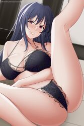 Rule 34 | 1girl, aslindsamure, black hair, bra, high school dxd, himejima akeno, long hair, panties, purple eyes, smile, underwear