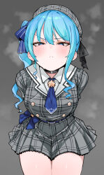 1girl absurdres arms_behind_back belt belt_buckle beret blue_belt blue_eyes blue_hair blush bow breasts buckle buttons choker collared_shirt double-breasted eyebrows_hidden_by_hair grey_background grey_hat hair_between_eyes hair_bow hat highres hololive hoshimachi_suisei looking_at_viewer mac_(pixiv31869137) narrowed_eyes necktie plaid_clothes plaid_skirt shirt side_ponytail skirt small_breasts steam sweat sweatdrop thighs thighs_together virtual_youtuber white_shirt