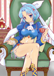 10s blue_eyes blue_hair braid breasts ascot frills jewelry crossed_legs looking_at_viewer ludmila_lourie madan_no_ou_to_vanadis midriff navel ribbon see-through_clothes shoes short_hair skirt smile
