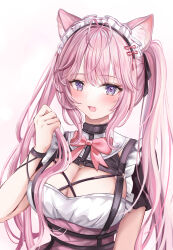 Rule 34 | 1girl, absurdres, ahoge, animal ears, belt, black ribbon, blush, bow, breasts, chest belt, cleavage, cocoa2080, dress, hair ribbon, hakui koyori, hakui koyori (dark maid), highres, hololive, large breasts, looking at viewer, maid headdress, o-ring, o-ring belt, open mouth, pink bow, pink dress, pink eyes, pink hair, ribbon, short sleeves, simple background, smile, solo, twintails, virtual youtuber, white background, wolf ears, wolf girl
