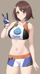1girl absurdres amayo_thranana black_gloves blue_gloves brown_background brown_eyes brown_hair closed_mouth cowboy_shot creatures_(company) crop_top game_freak gloria_(pokemon) gloves hand_up highres navel nintendo pokemon pokemon_swsh short_hair shorts simple_background single_glove smile solo sports_bra standing thighs two-tone_gloves variant_set