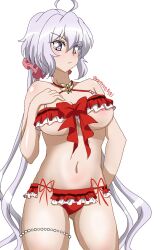 Rule 34 | 1girl, ahoge, areola slip, bikini, breasts, commentary request, cowboy shot, dolphin wave, highres, large breasts, long hair, namrute0303, navel, official alternate costume, purple eyes, red bikini, senki zesshou symphogear, simple background, solo, stomach, swimsuit, thigh strap, thighs, twitter username, underboob, very long hair, white background, white hair, yukine chris